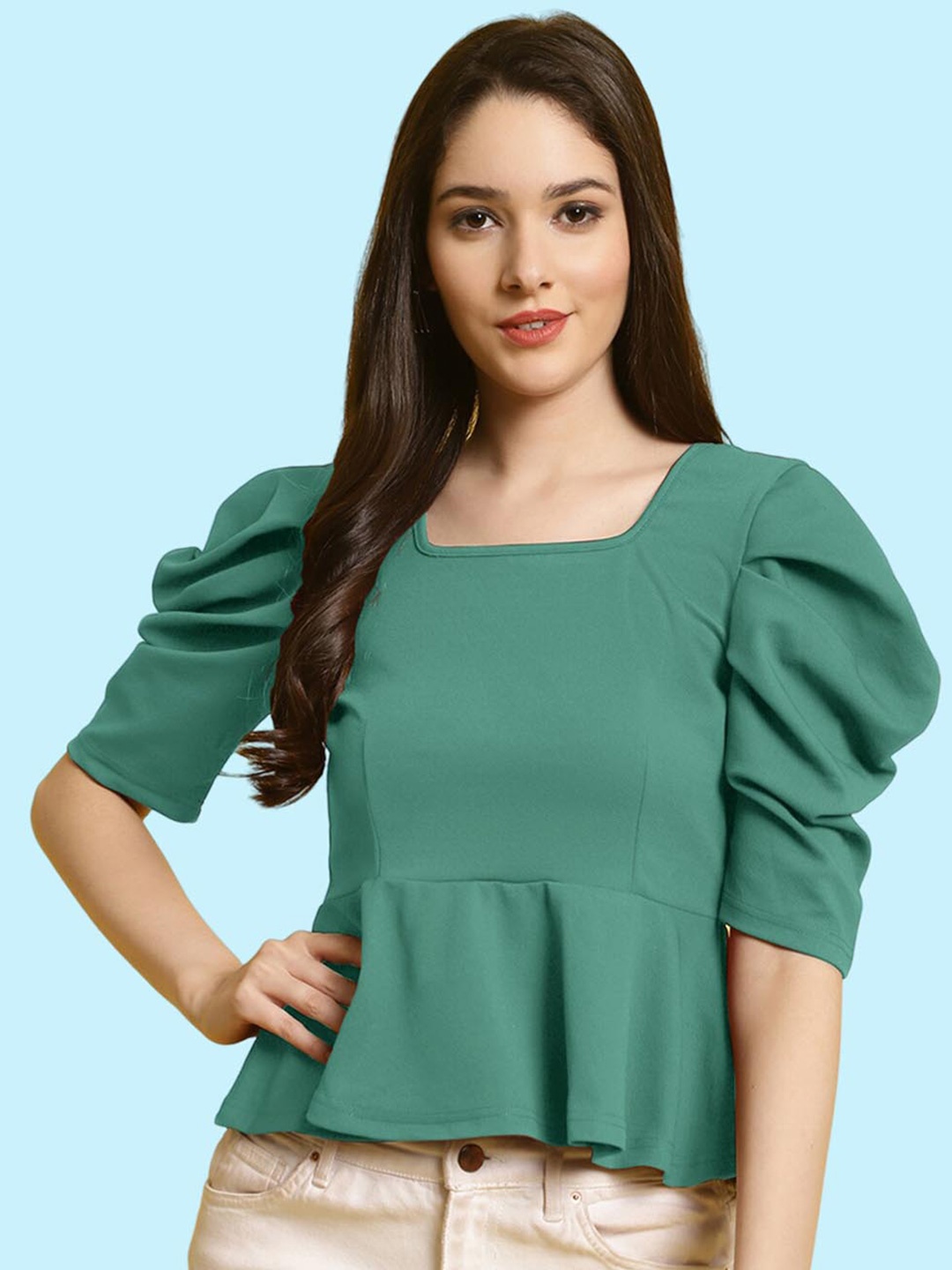 

BAESD Puff Sleeve Square Neck Peplum Top, Green