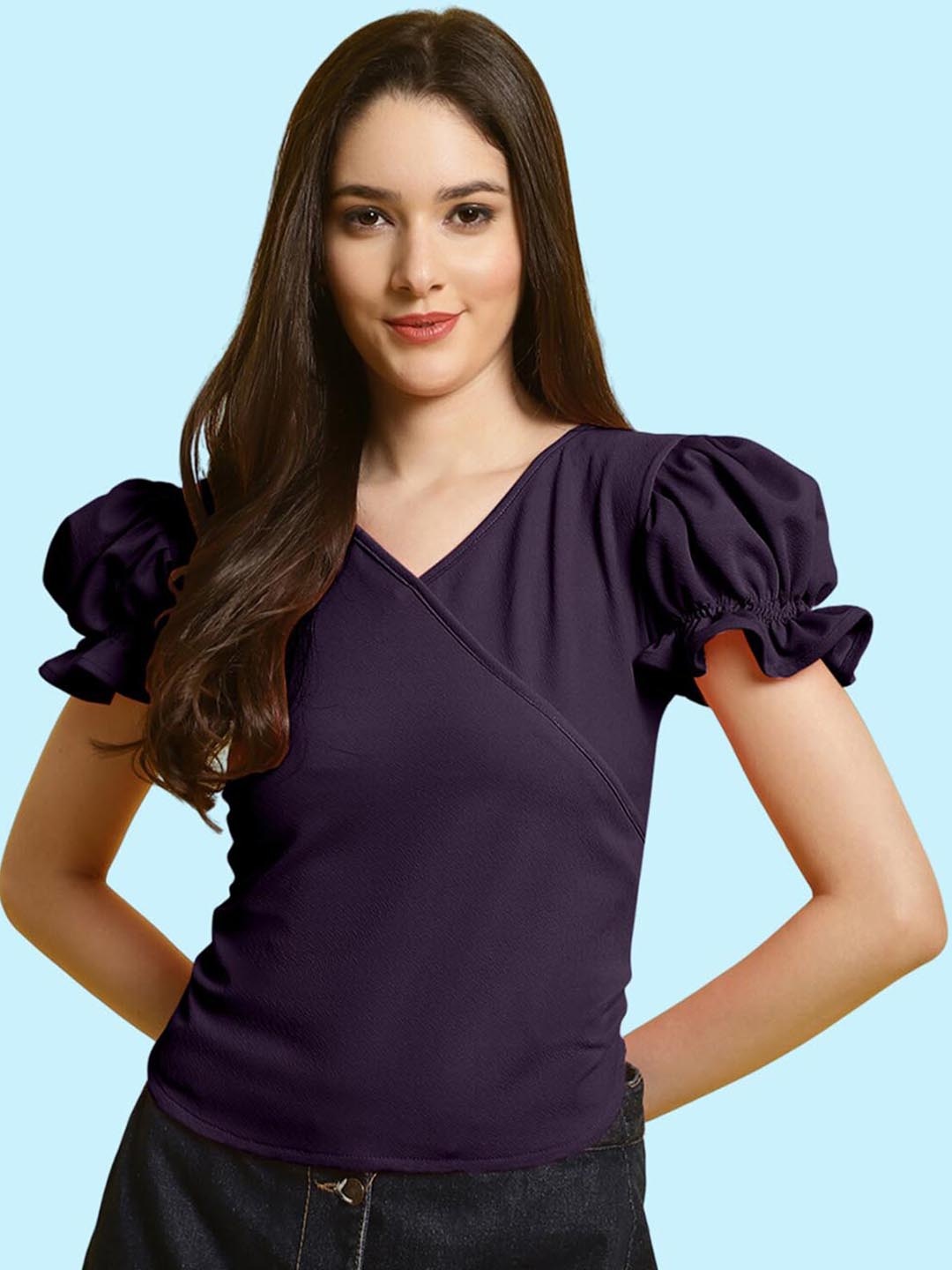 

BAESD V-Neck Puff Sleeved Wrap Top, Purple