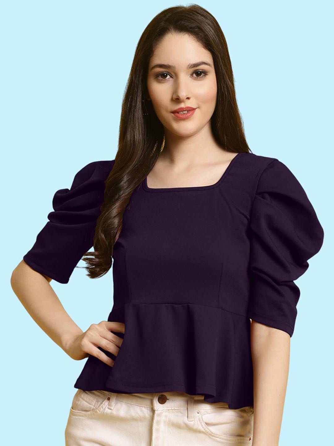 

BAESD Puff Sleeve Square Neck Peplum Top, Purple