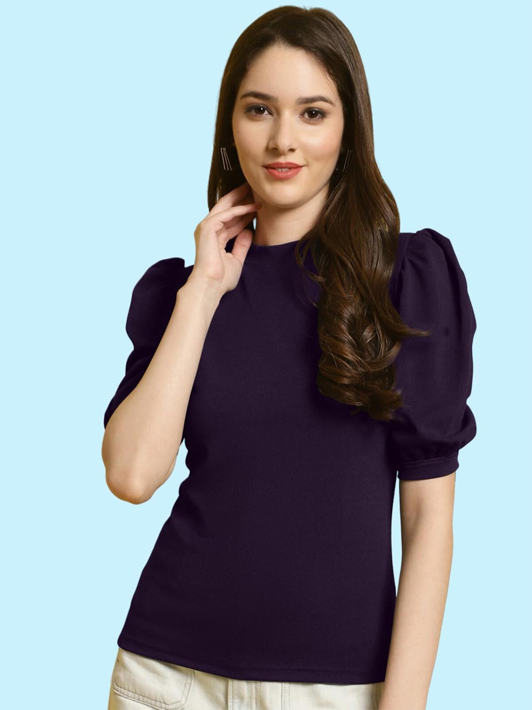 

BAESD Round Neck Puff Sleeves Top, Purple
