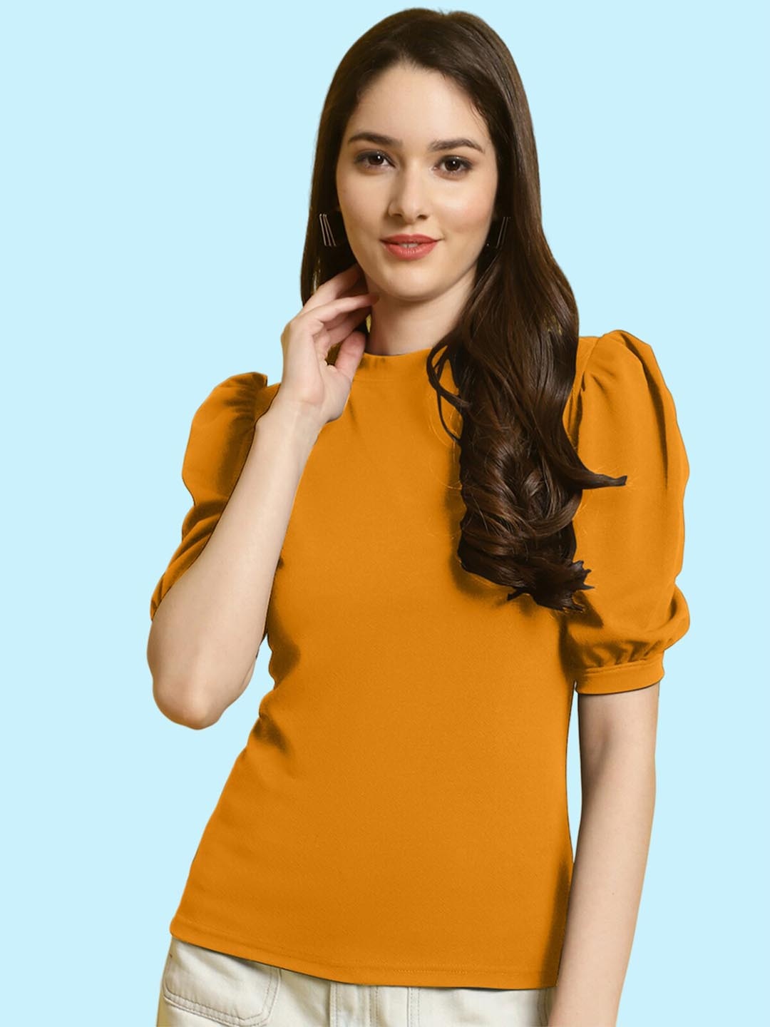 

BAESD High Neck Puff Sleeve Top, Mustard