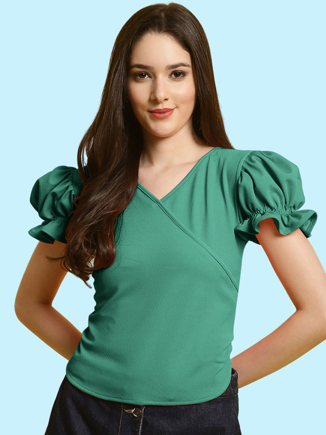 

BAESD V-Neck Puff Sleeves Wrap Top, Green