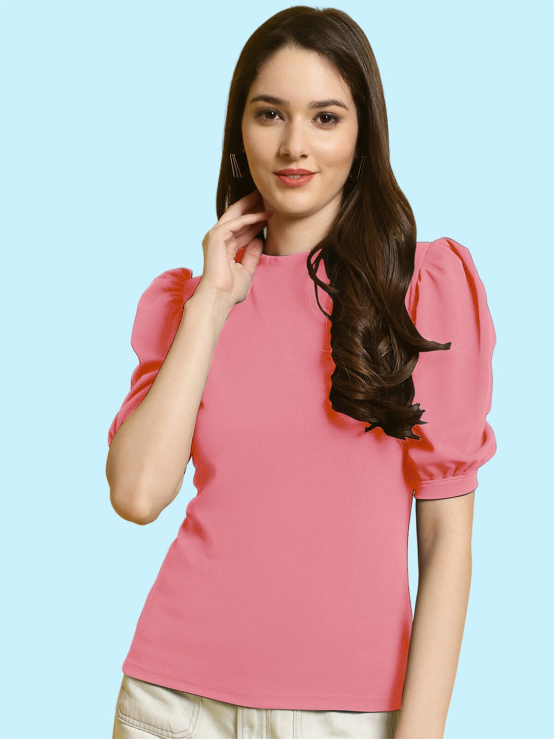 

BAESD Round Neck Puff Sleeves Top, Pink
