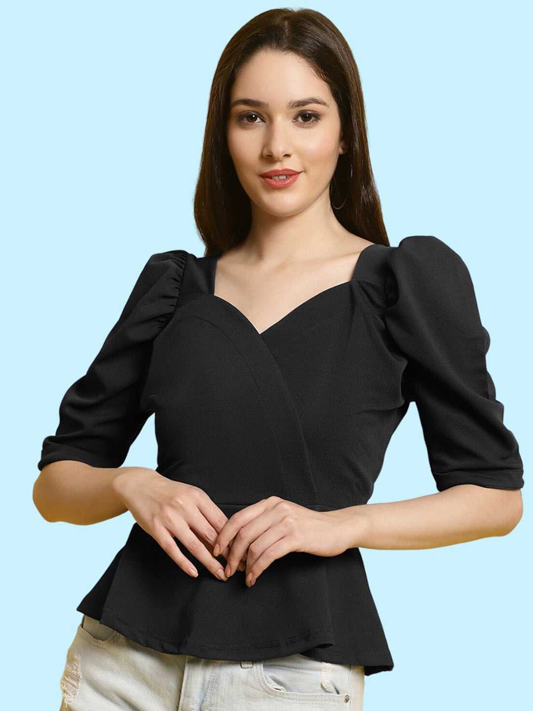 

BAESD Sweetheart Neck Puff Sleeves Peplum Top, Black