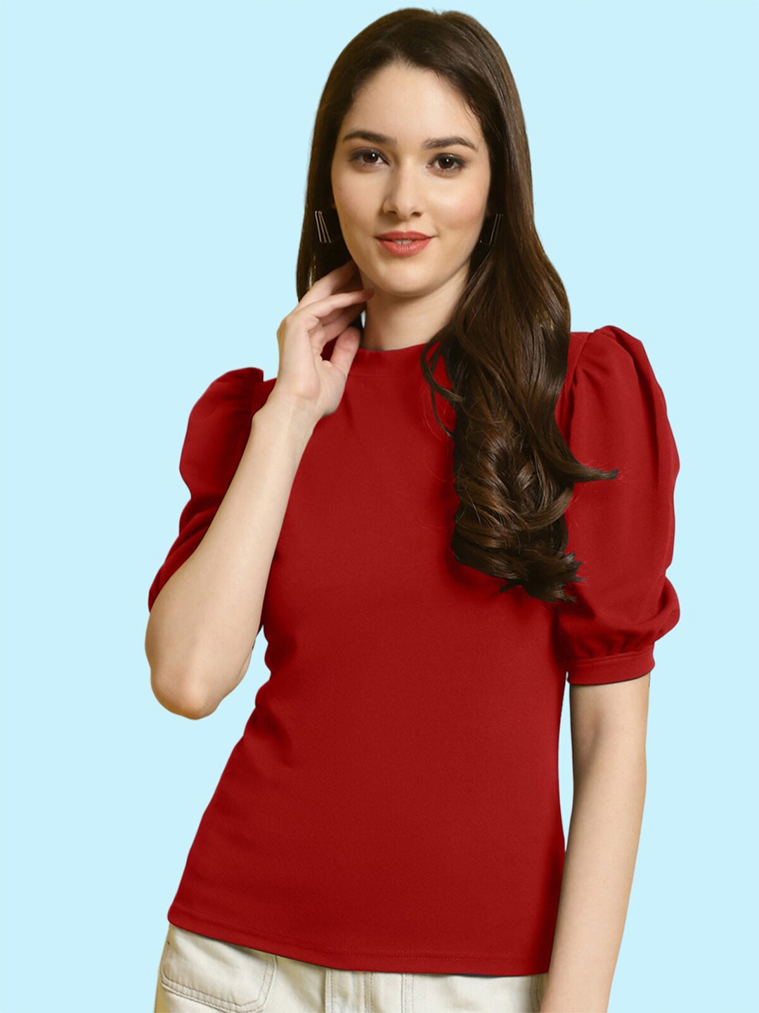 

BAESD Round Neck Puff Sleeve Top, Red