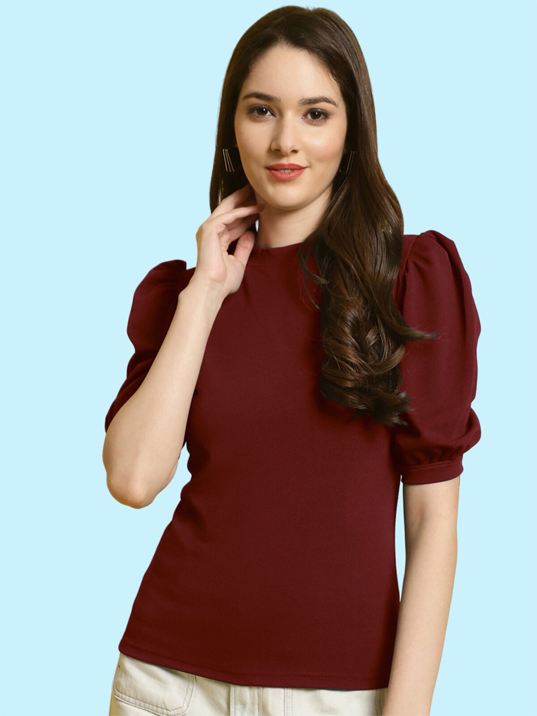 

BAESD Round Neck Puff Sleeve Regular Top, Maroon