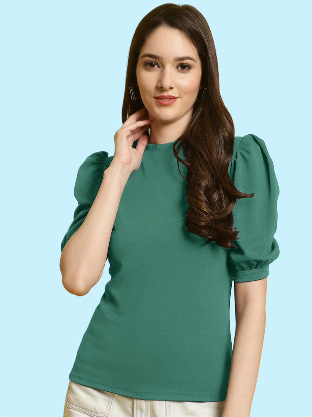 

BAESD Round Neck Puff Sleeve Top, Green