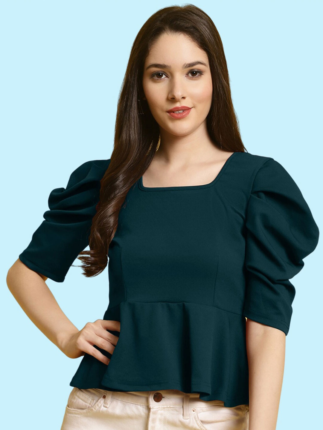 

BAESD Puff Sleeve A Line Top, Teal