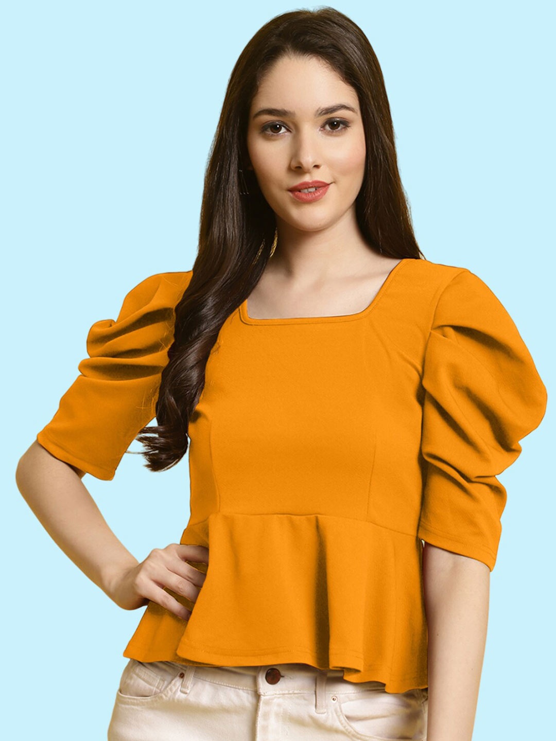 

BAESD Square Neck Puff Sleeves Peplum Top, Mustard