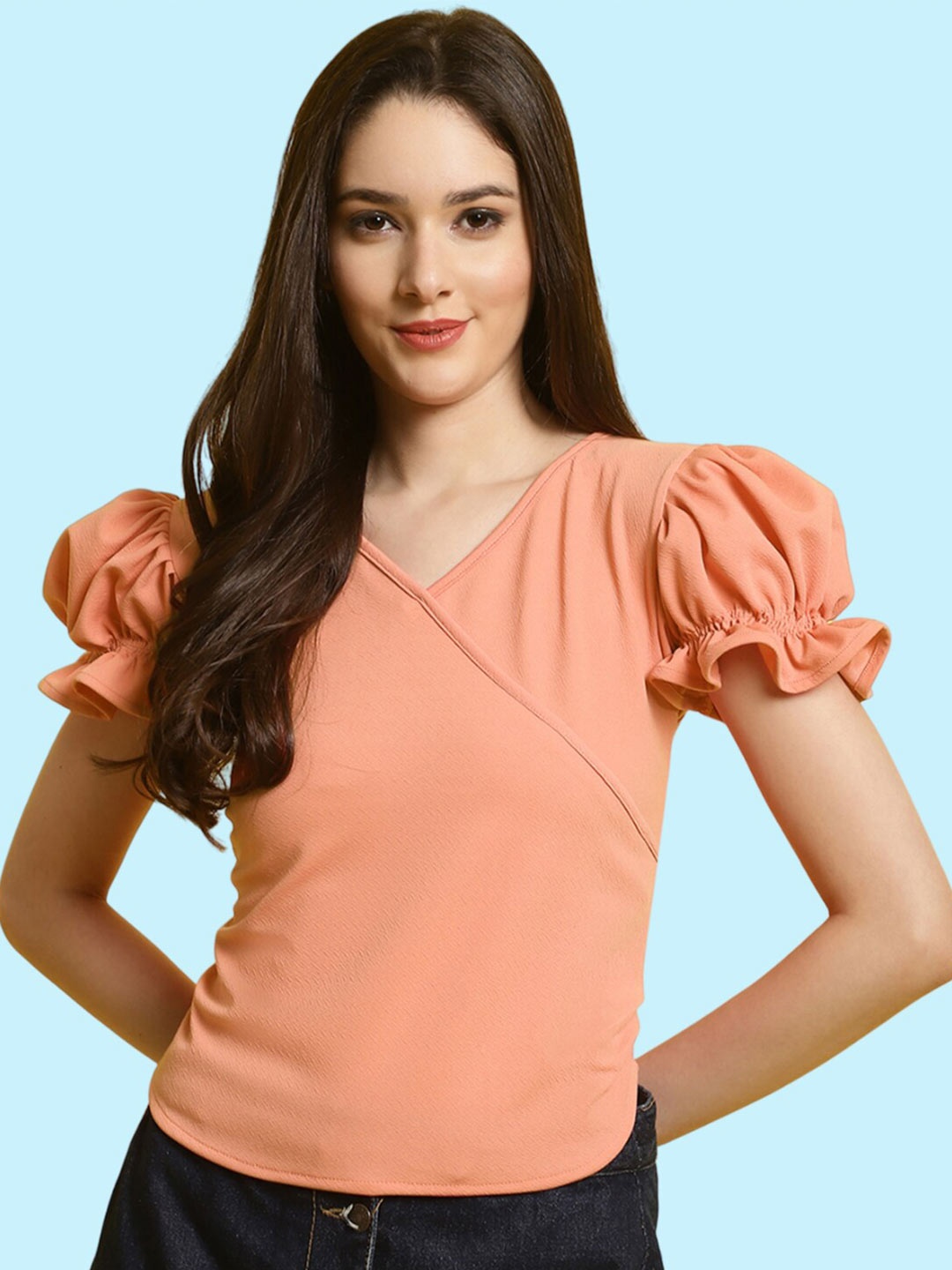 

BAESD V-Neck Puff Sleeved Wrap Top, Peach