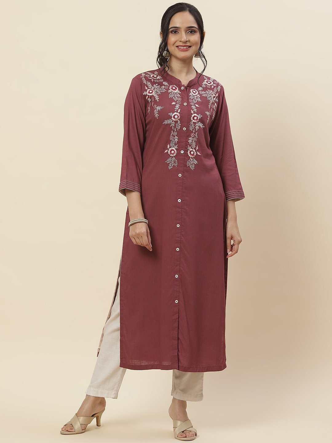 

Meena Bazaar Floral Embroidered Straight Cotton Kurta, Brown