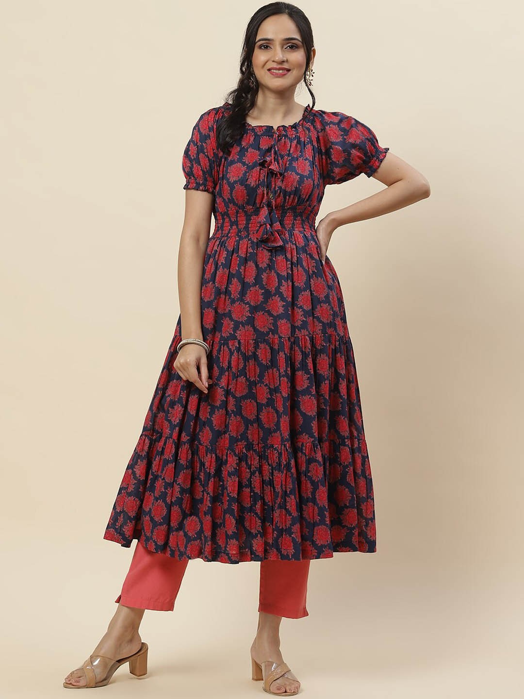 

Meena Bazaar Floral Printed Anarkali Cotton Kurta, Blue