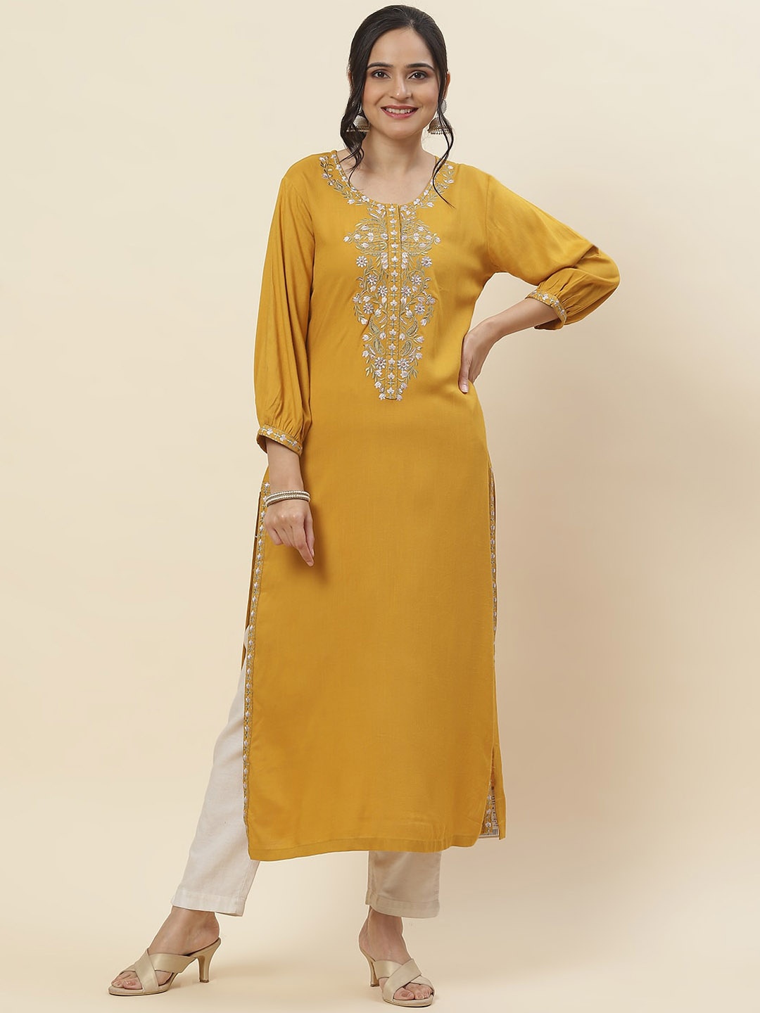 

Meena Bazaar Floral Embroidered Straight Cotton Kurta, Mustard