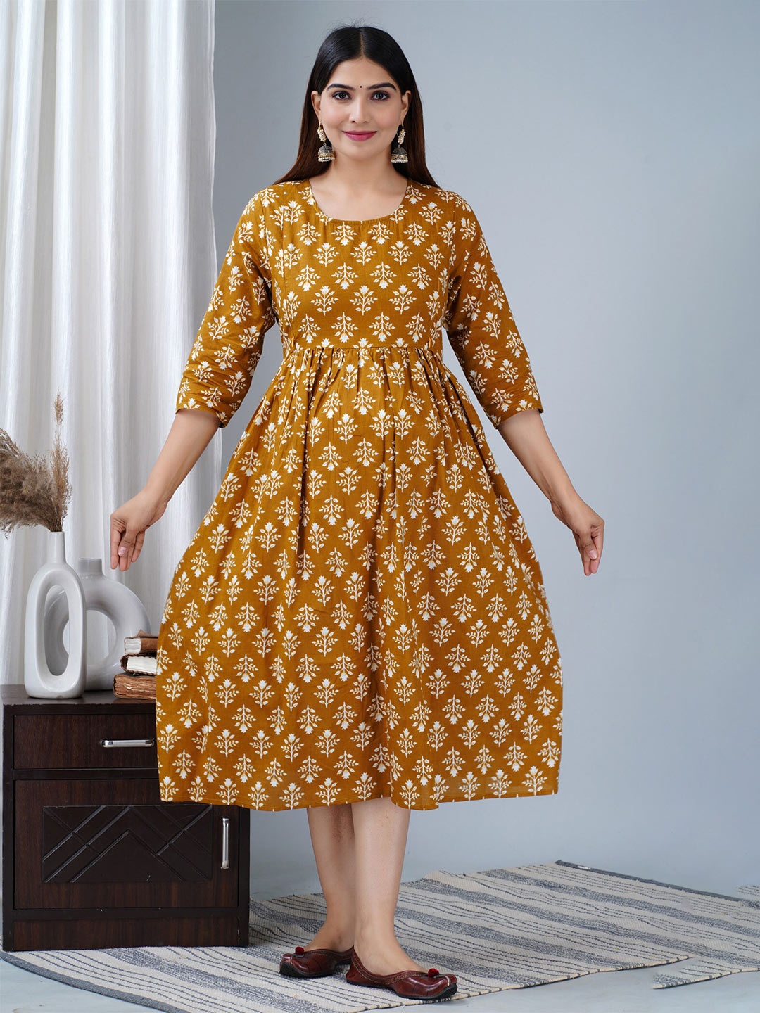 

BAESD Ethnic Motifs Printed Maternity Fit & Flare Ethnic Midi Dress, Yellow