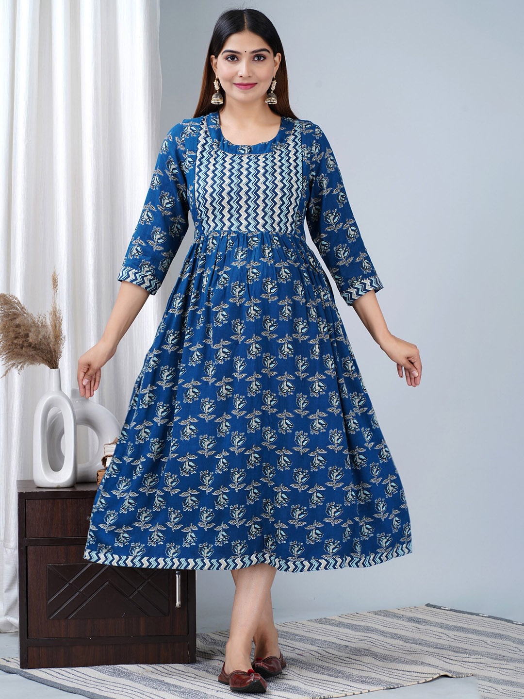 

BAESD Ethnic Motifs Printed Maternity Fit & Flare Midi Ethnic Dress, Blue