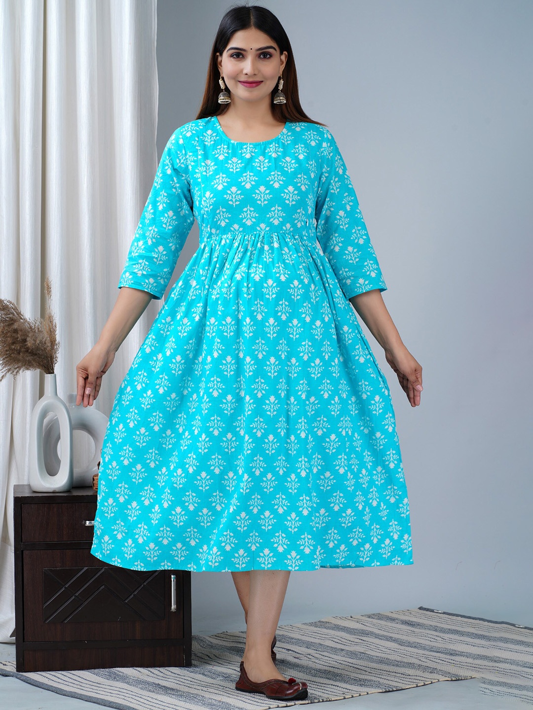 

BAESD Ethnic Motifs Printed Maternity Fit & Flare Ethnic Midi Dress, Blue