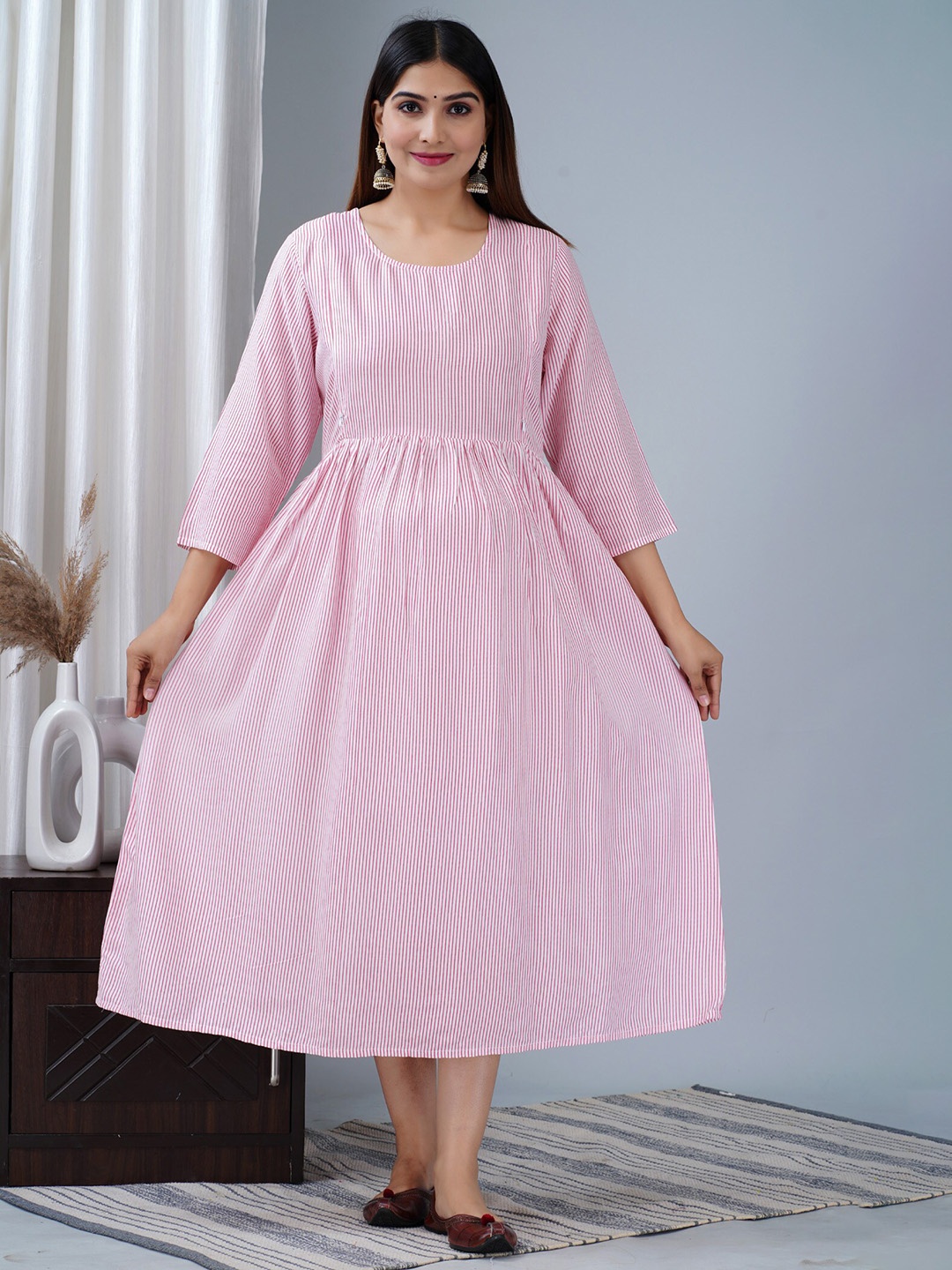 

BAESD Maternity Striped Fit & Flare Ethnic Dress, Pink