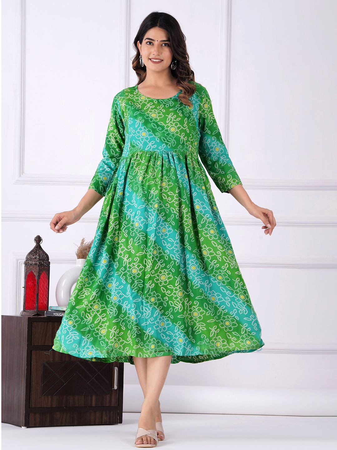 

BAESD Maternity Bandhani Printed Fit & Flare Ethnic Dress, Green