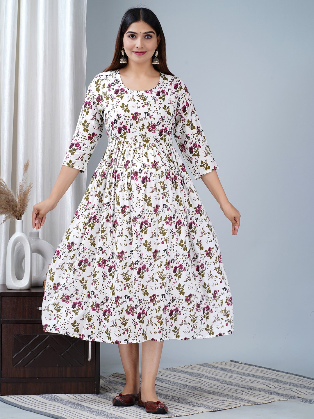 

BAESD Maternity Floral Printed Fit & Flare Ethnic Dress, White
