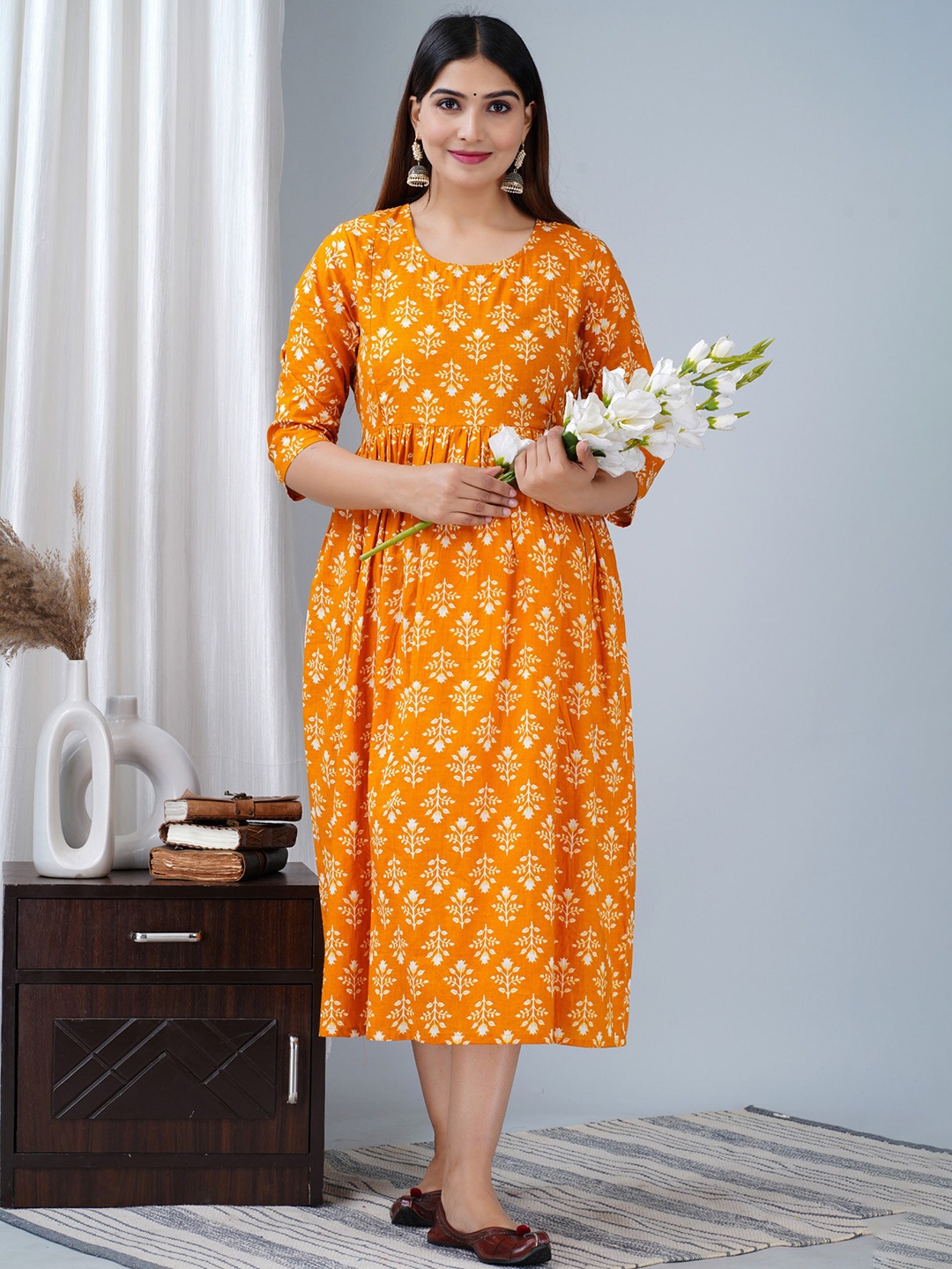 

BAESD Maternity Ethnic Motifs Printed Fit & Flare Ethnic Dress, Mustard