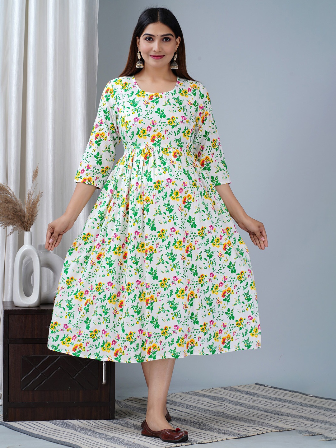

BAESD Floral Printed Maternity Fit & Flare Ethnic Midi Dress, White