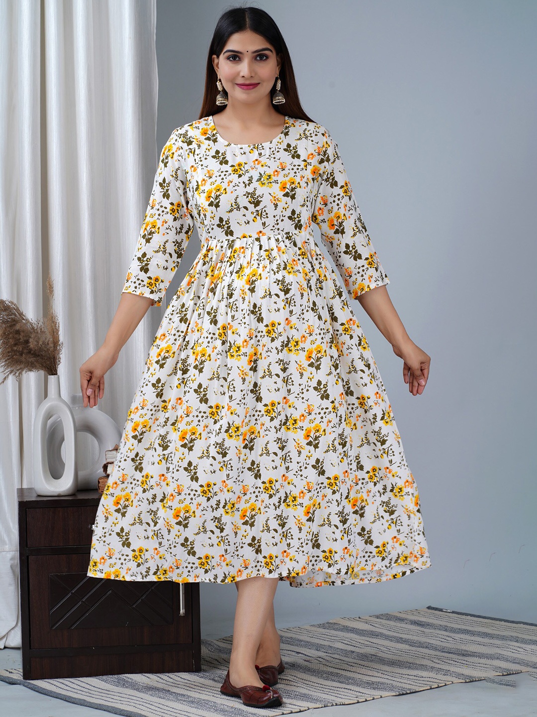 

BAESD Floral Printed Maternity Fit & Flare Ethnic Midi Dress, White