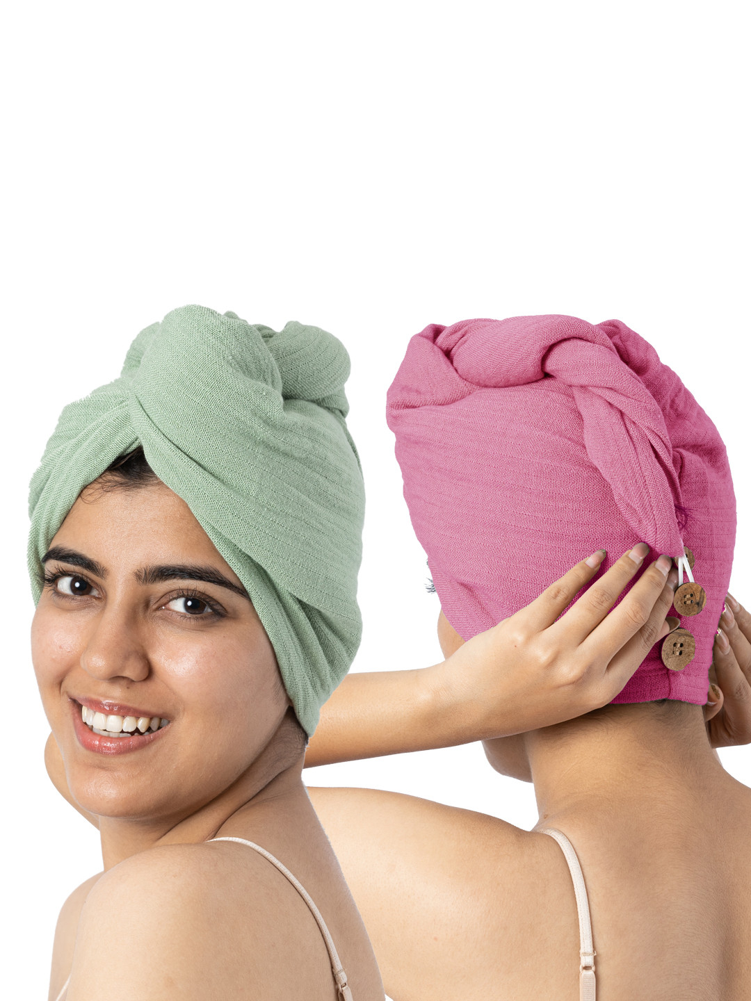 

Doctor Towels Rose Pink & Green Pack of 2 Banana Double Cloth Hair Wrap Towels