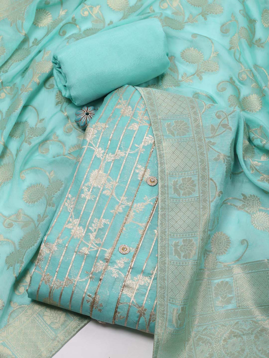 

Meena Bazaar Floral Woven Design Unstitched Dress Material, Blue
