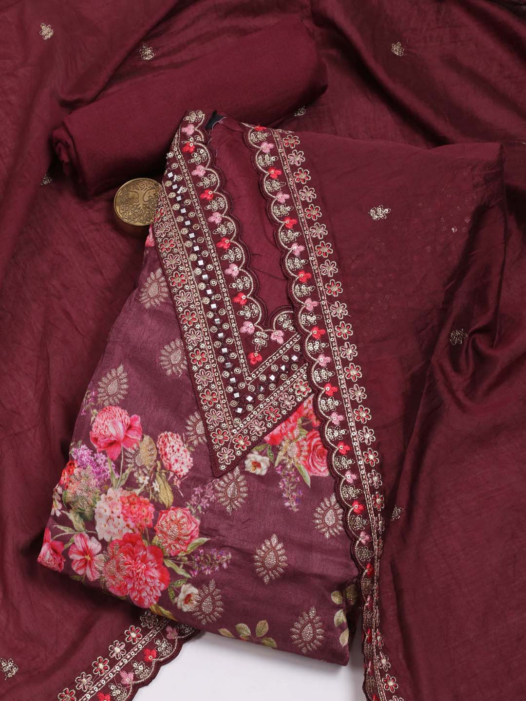 

Meena Bazaar Floral Printed Unstitched Dress Material, Burgundy