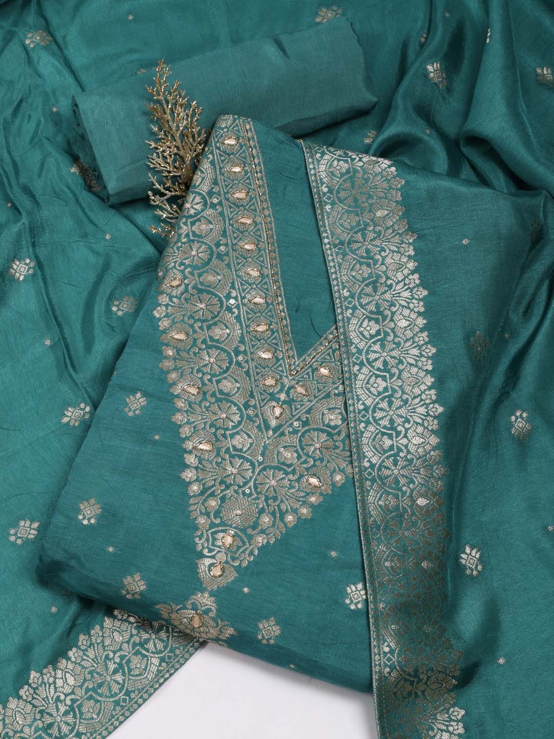 

Meena Bazaar Floral Woven Design Gotta Patti Art Silk Unstitched Dress Material, Blue