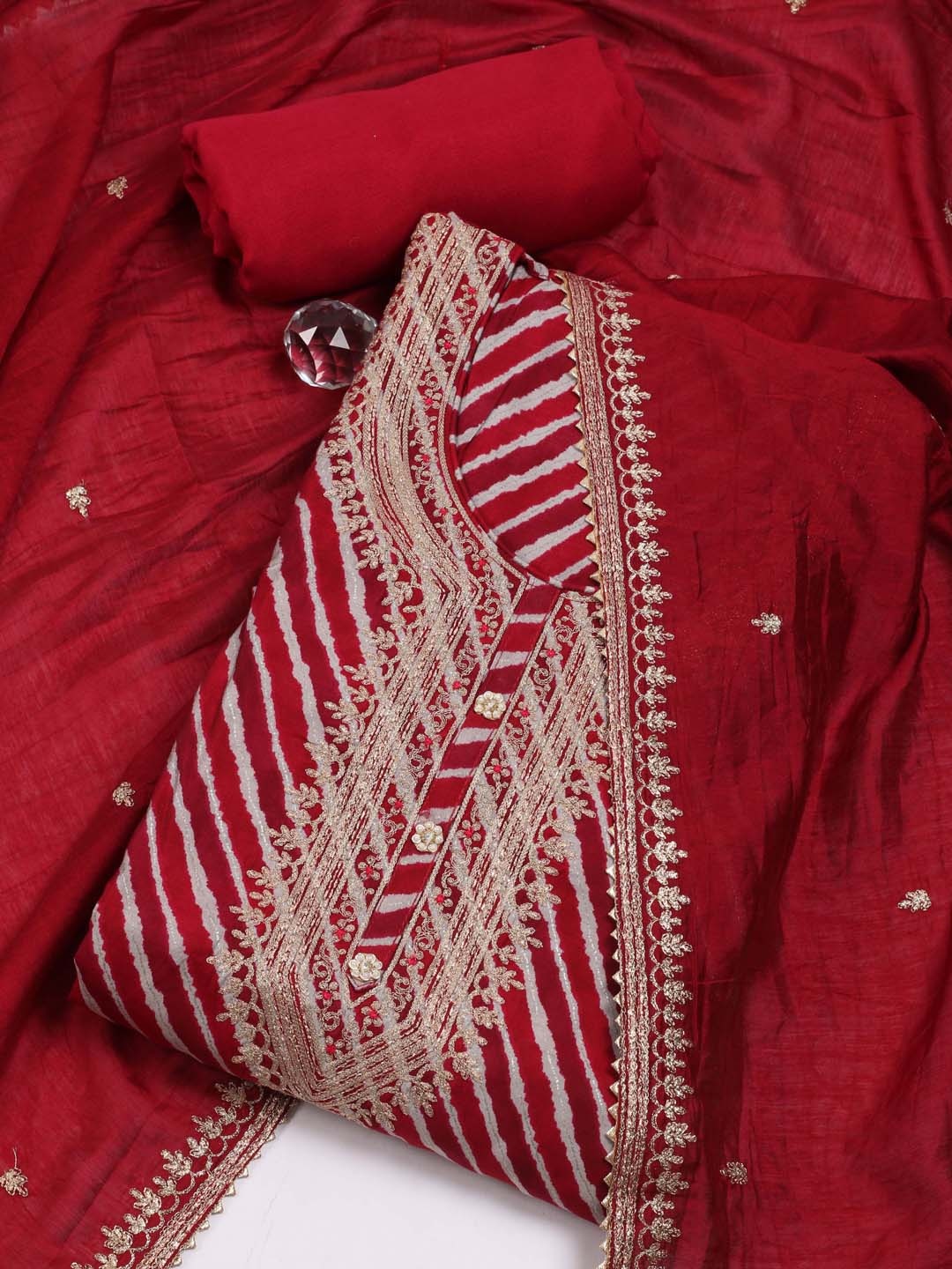 

Meena Bazaar Leheriya Printed Zari Art Silk Unstitched Dress Material, Maroon