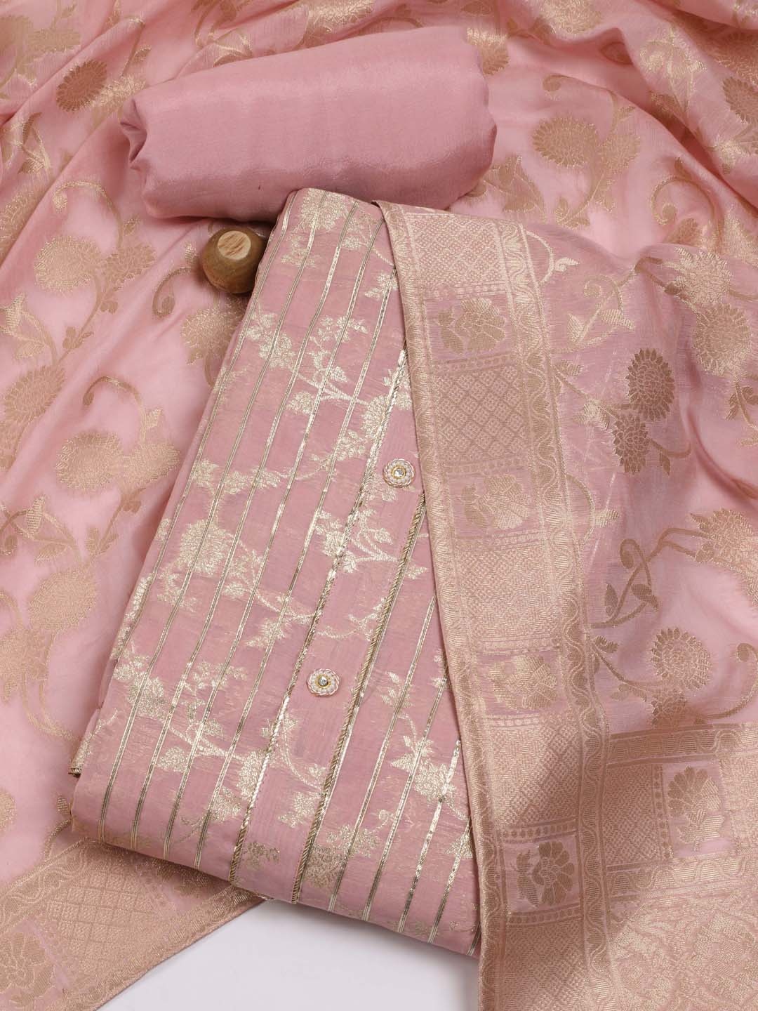 

Meena Bazaar Floral Woven Design Zari Art Silk Unstitched Dress Material, Pink