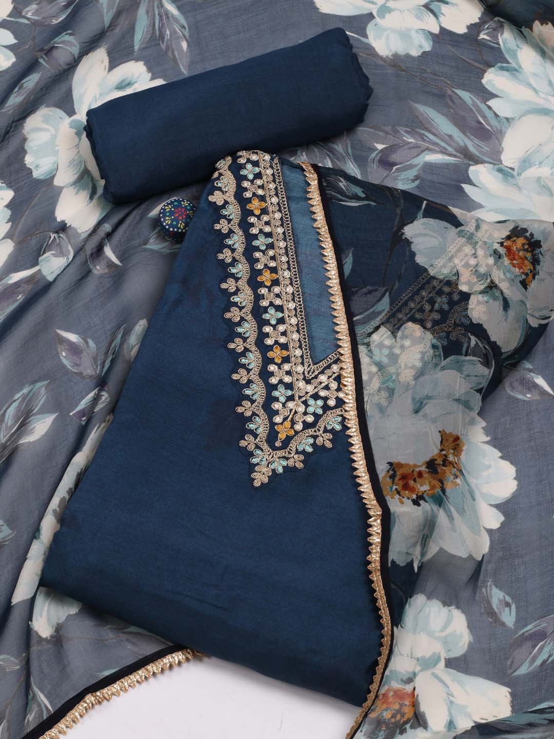 

Meena Bazaar Ethnic Motifs Embroidered Unstitched Dress Material, Navy blue