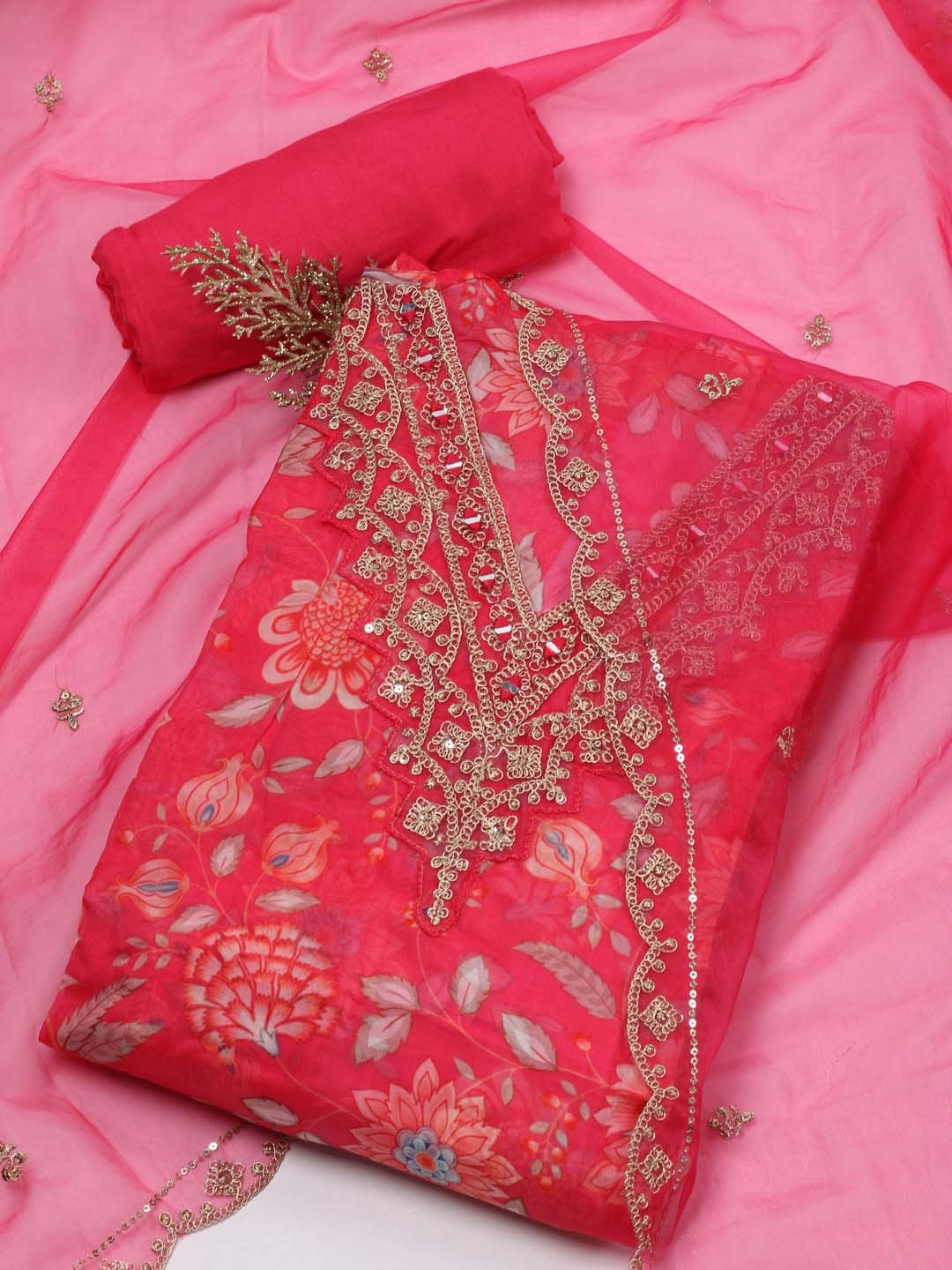 

Meena Bazaar Floral Printed Organza Unstitched Dress Material, Pink