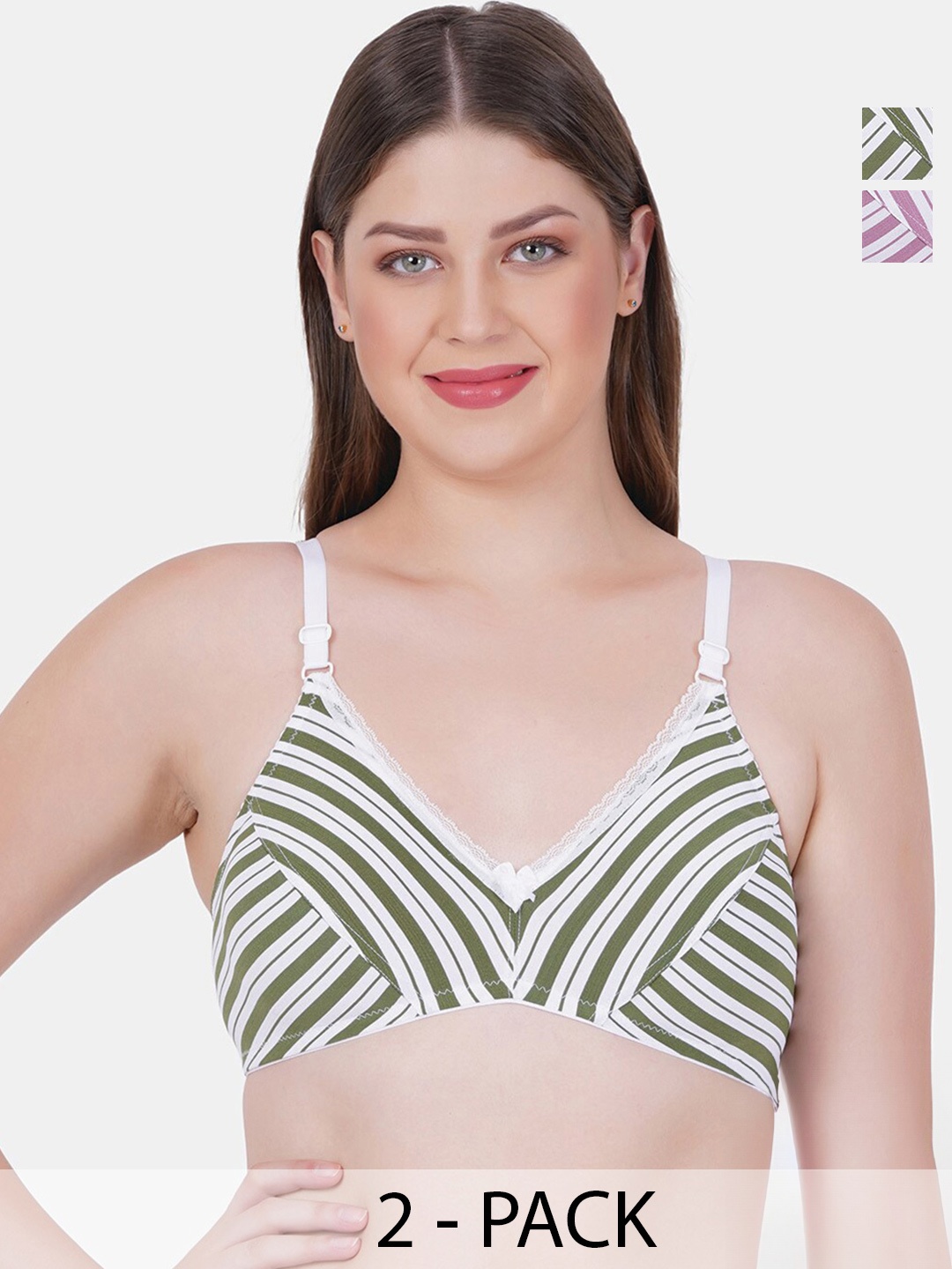 

Reveira Pack Of 2 Striped Medium Coverage Non Padded Everyday Bra With Side Shaper, Green