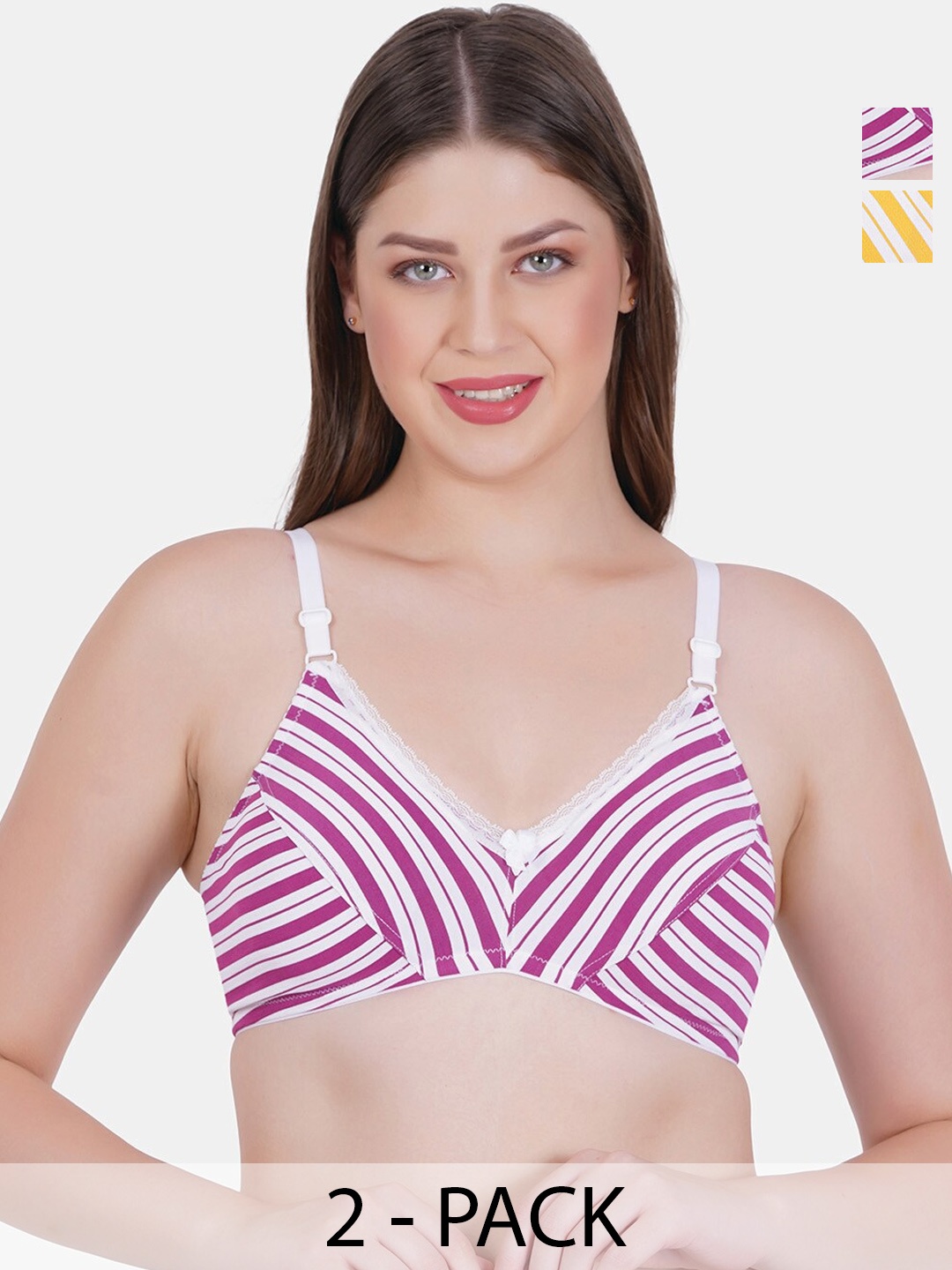 

Reveira Pack Of 2 Striped Medium Coverage Non Padded Everyday Bra With Side Shaper, Yellow