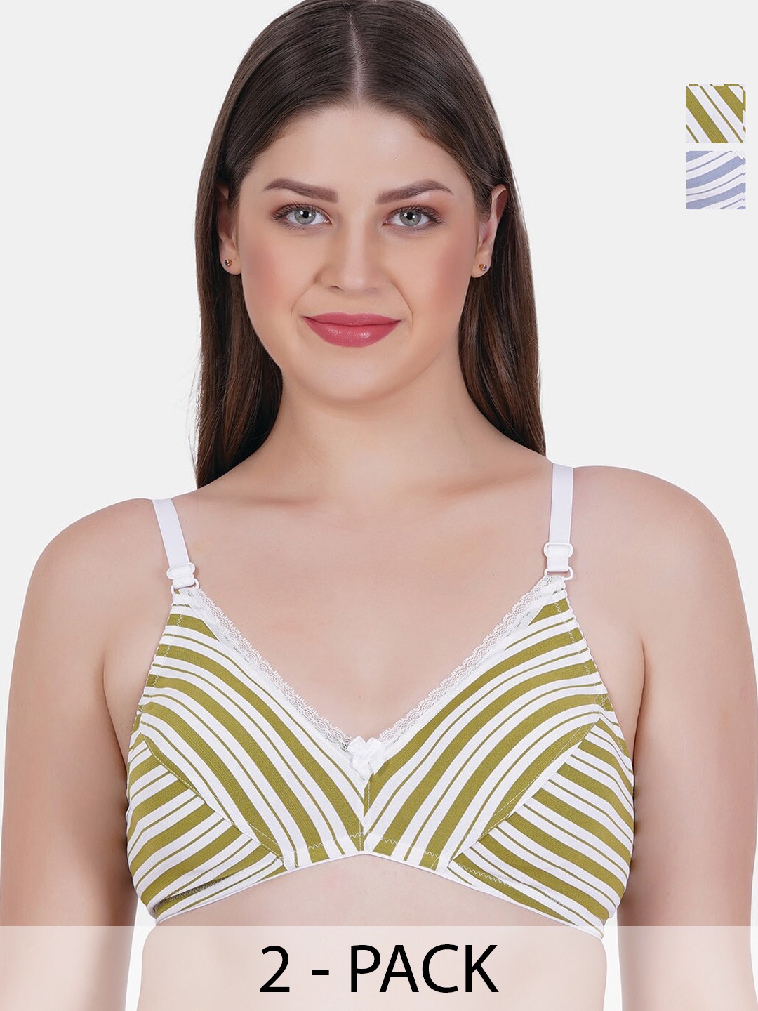 

Reveira Pack Of 2 Striped Medium Coverage Non Padded Everyday Bra With Side Shaper, Green