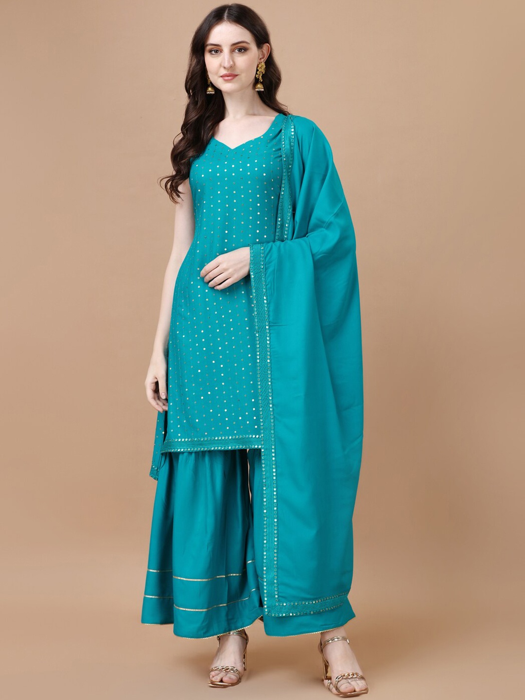 

KALINI Ethnic Motifs Embroidered Sequinned Detail Straight Kurta & Sharara With Dupatta, Teal