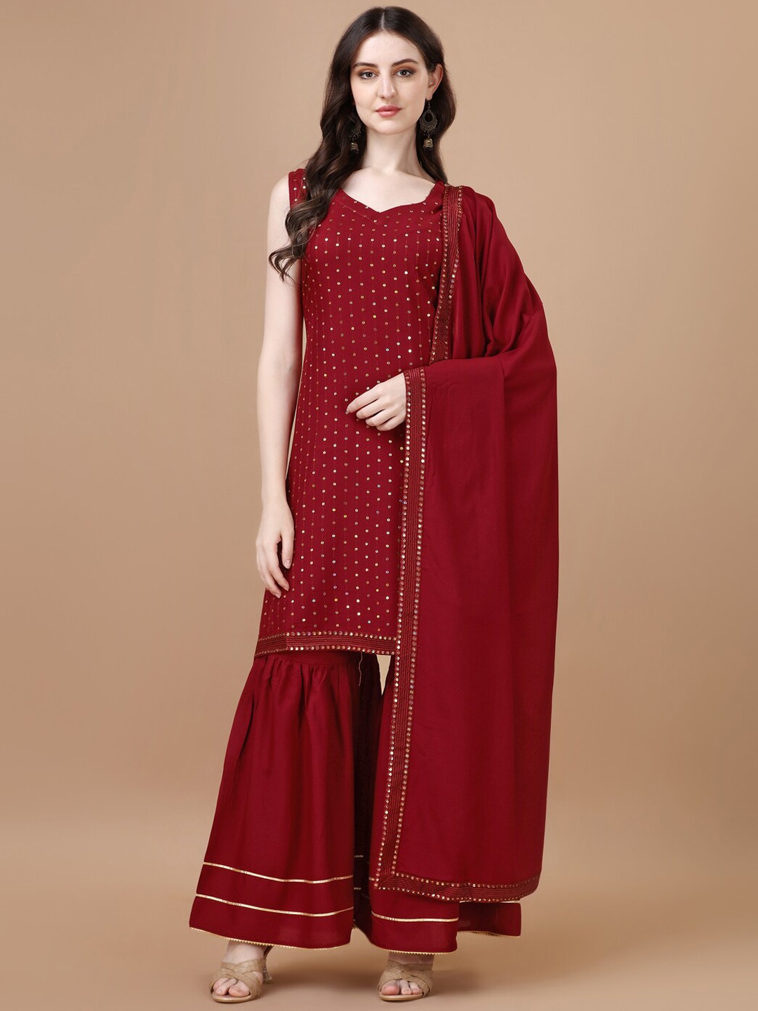 

KALINI Embroidered Sequinned Regular Kurta with Sharara & Dupatta, Maroon