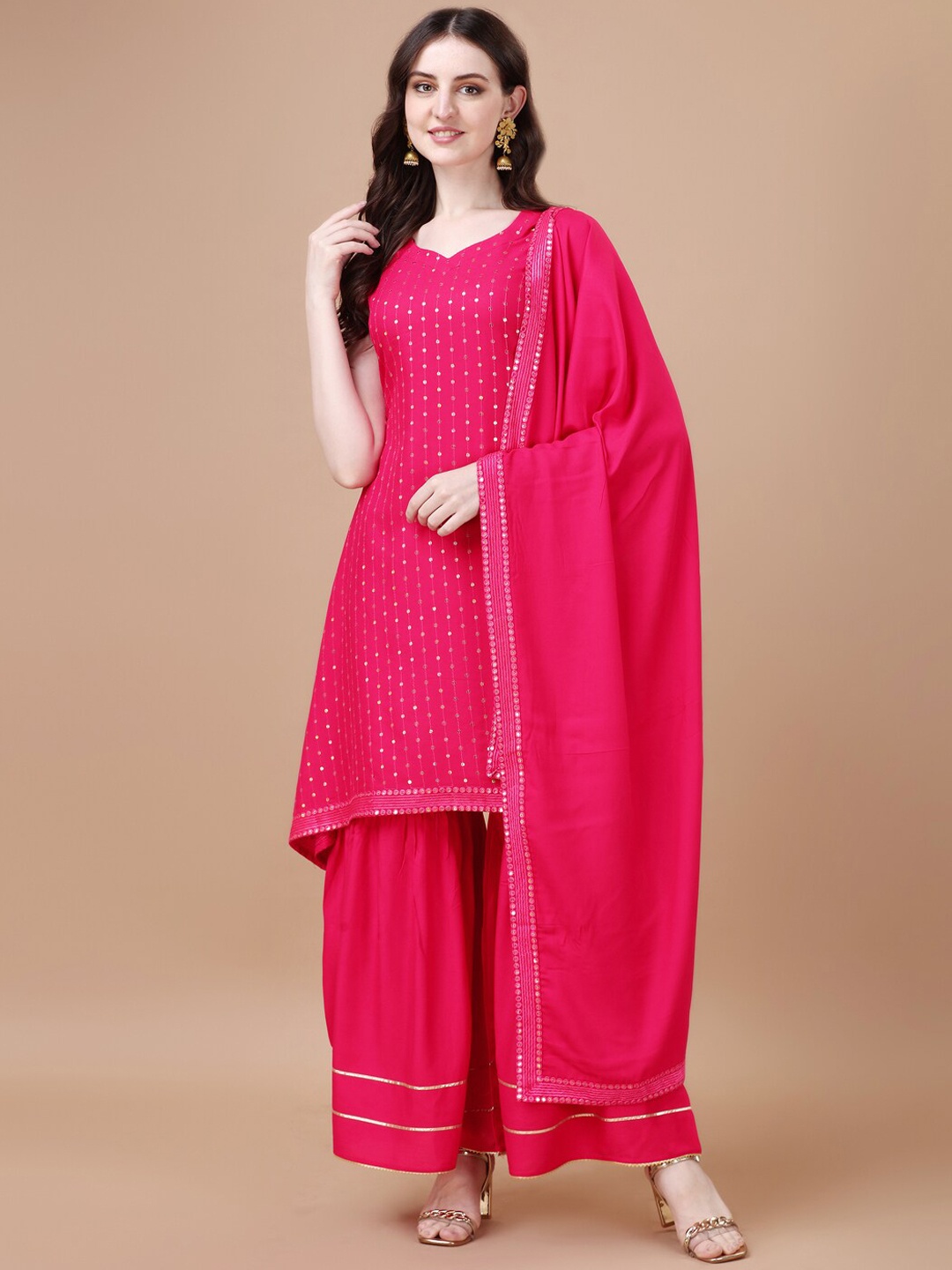 

KALINI Embroidered Sequinned Regular Kurta with Sharara & Dupatta, Pink