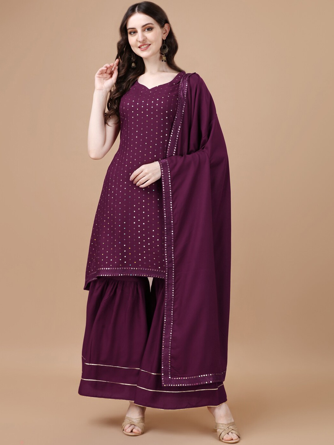 

KALINI Embroidered Sequinned Regular Kurta with Sharara & Dupatta, Purple
