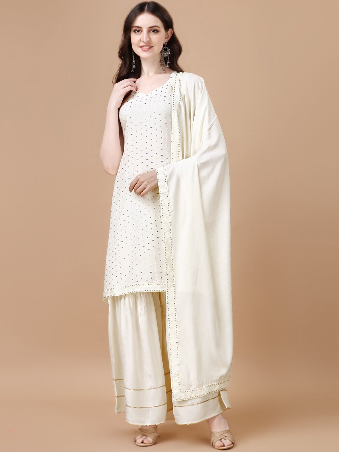 

KALINI Embroidered Sequinned Regular Kurta with Sharara & Dupatta, White