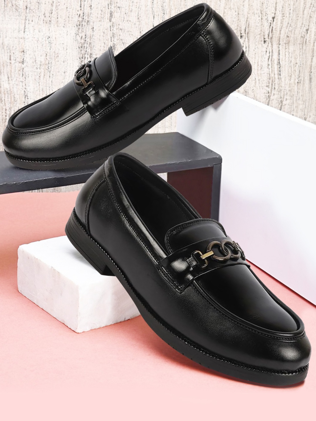

FAUSTO Men Leather Lightweight Party Horsebit Loafers, Black