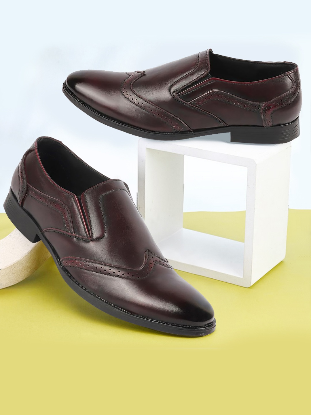 FAUSTO Men Perforated Leather Formal Slip On Shoes, Maroon