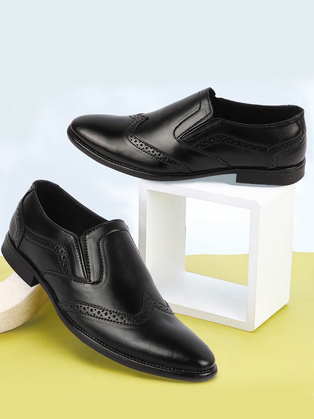 FAUSTO Men Perforated Leather Formal Slip On Shoes, Black