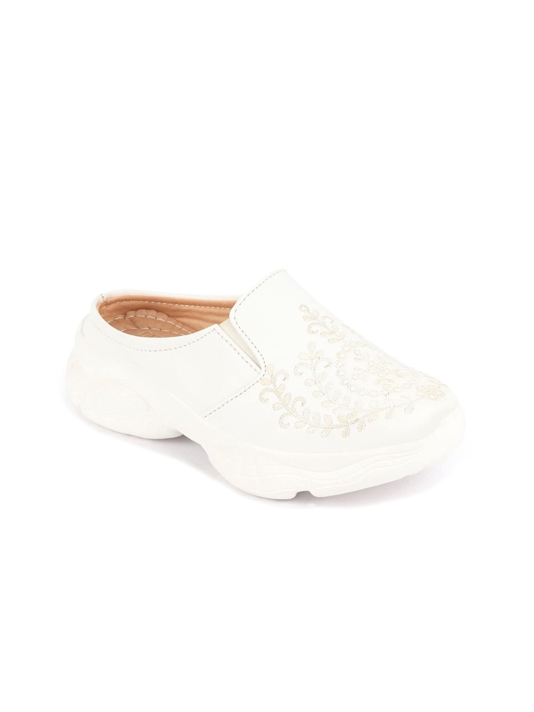 

FAUSTO Women Floral & Leaf Embroidered Design Lightweight Mule Sneakers, White