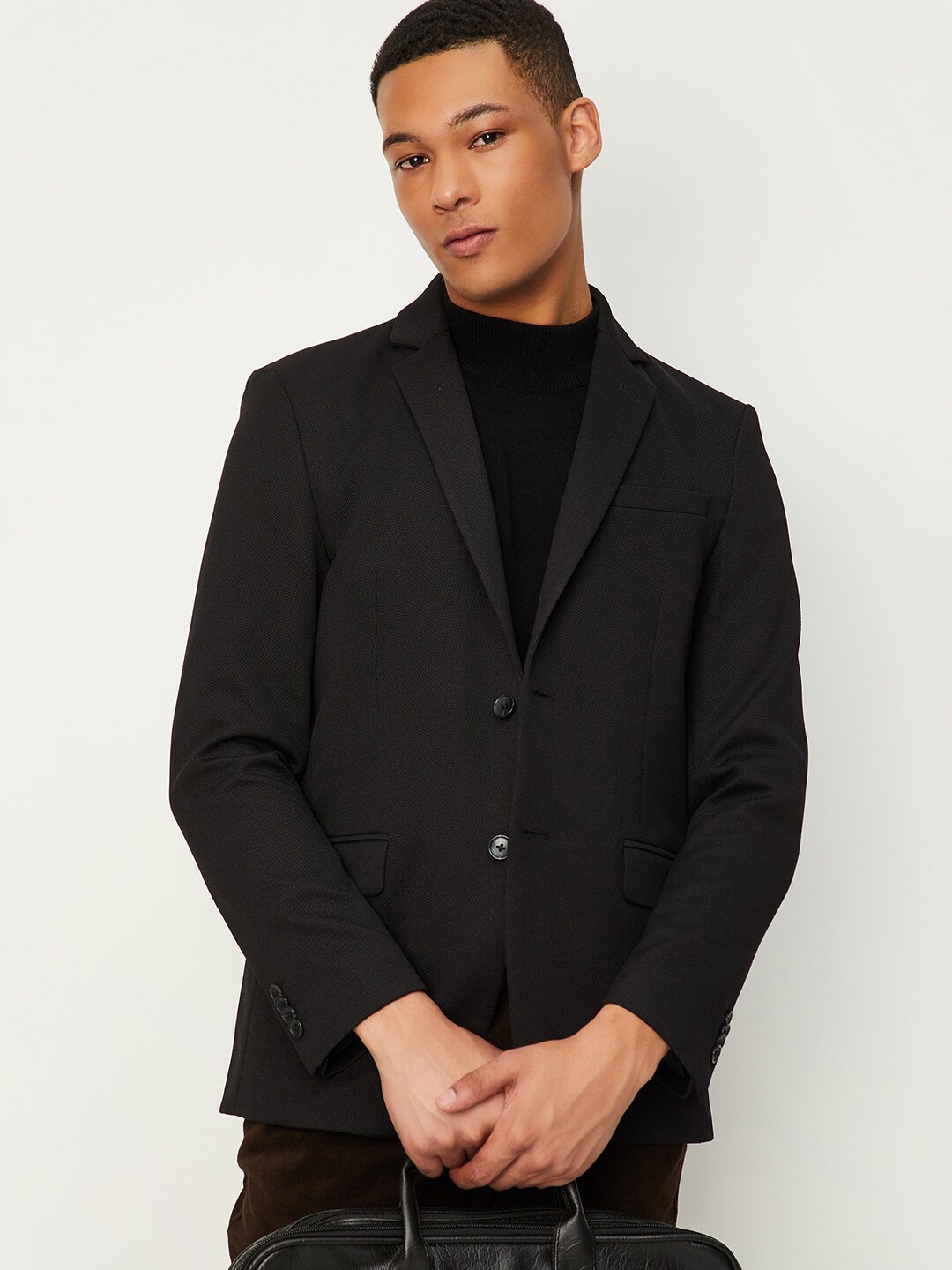 

max Self Design Notched Lapel Collar Single-Breasted Casual Blazer, Black