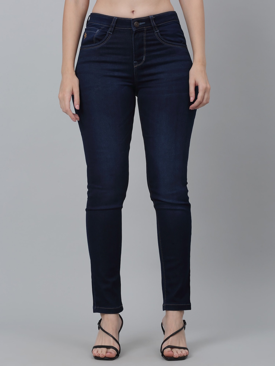 

Cantabil Women Skinny Fit Mid-Rise Dark Shade Cotton Clean Look Cropped Jeans, Navy blue