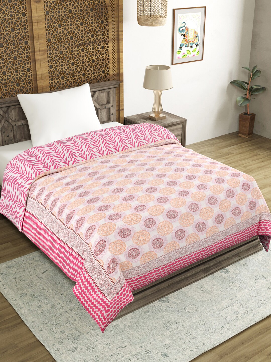 

BLOCKS OF INDIA Pink Ethnic Motifs Pure Cotton Mild Winter 350 GSM Single Bed Quilt