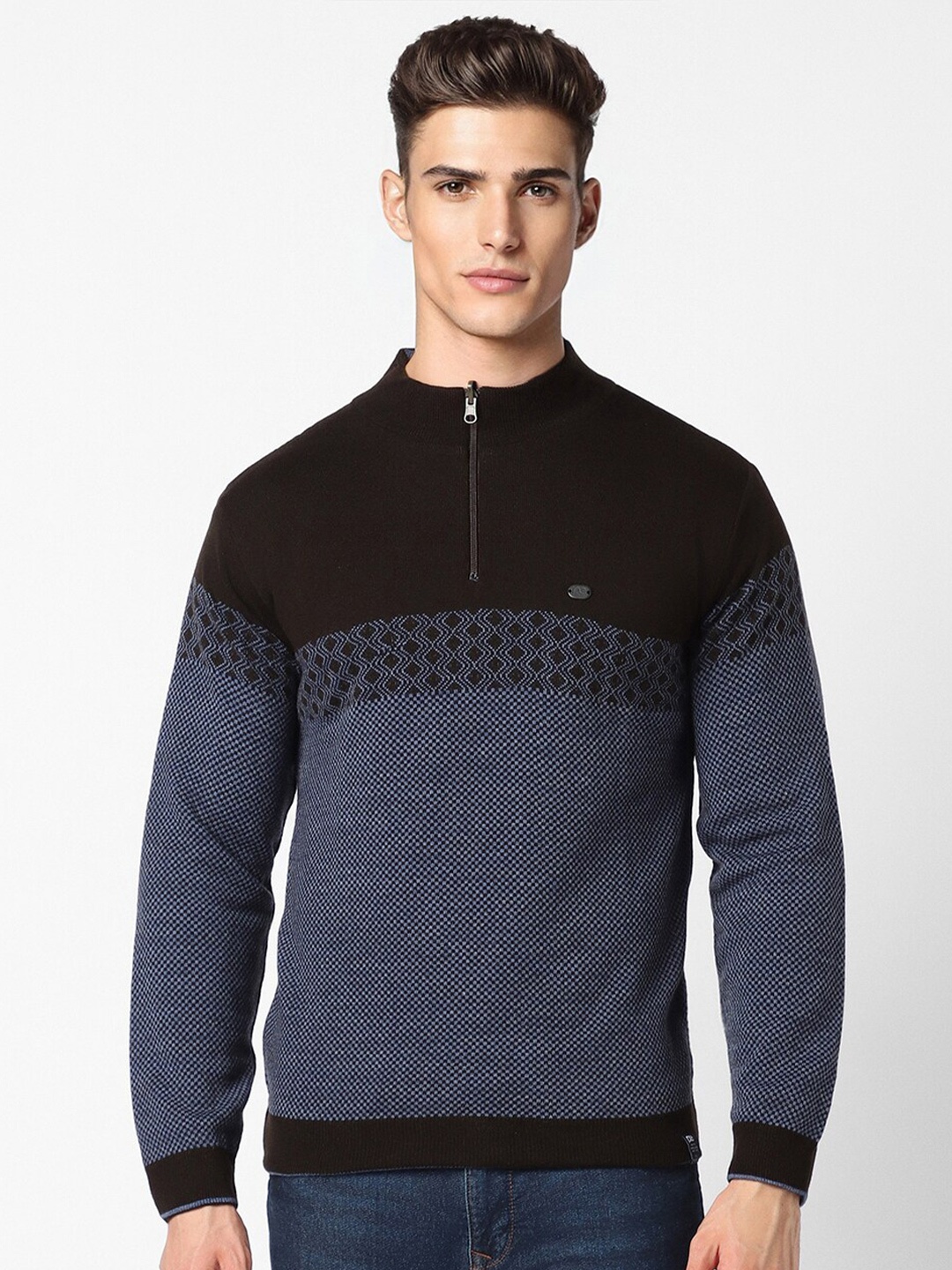 

Peter England Casuals Colourblocked Mock Neck Acrylic Pullover, Navy blue
